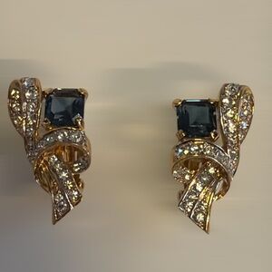 Authentic Nina Ricci Vintage Sapphire Blue & Crystal Earrings Gold Tone Clip on
